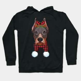 Cute Dobermann Christmas Buffalo Plaid & Reindeer Antlers Dog Hoodie